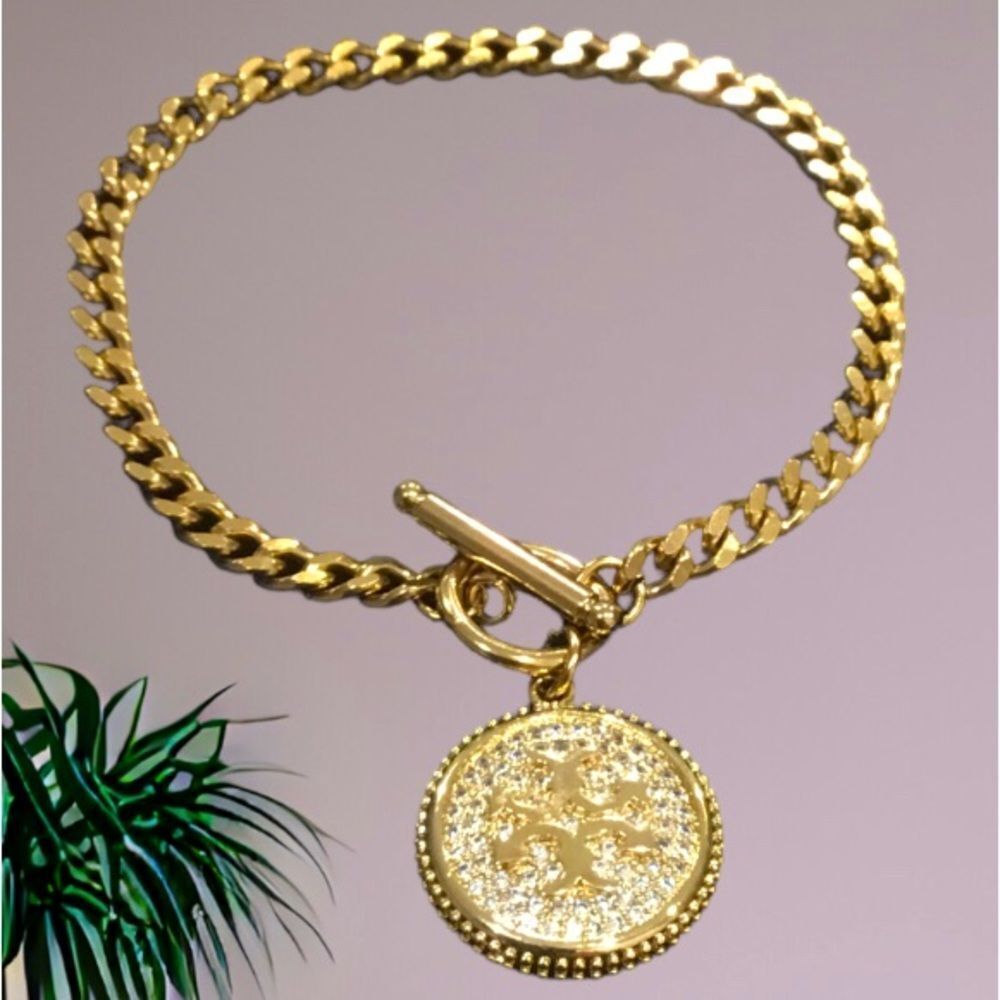 TORY BURCH DOUBLE T LOGO PAVE / CRYSTAL DIAMONDS TOGGLE 8 inches BRACELET